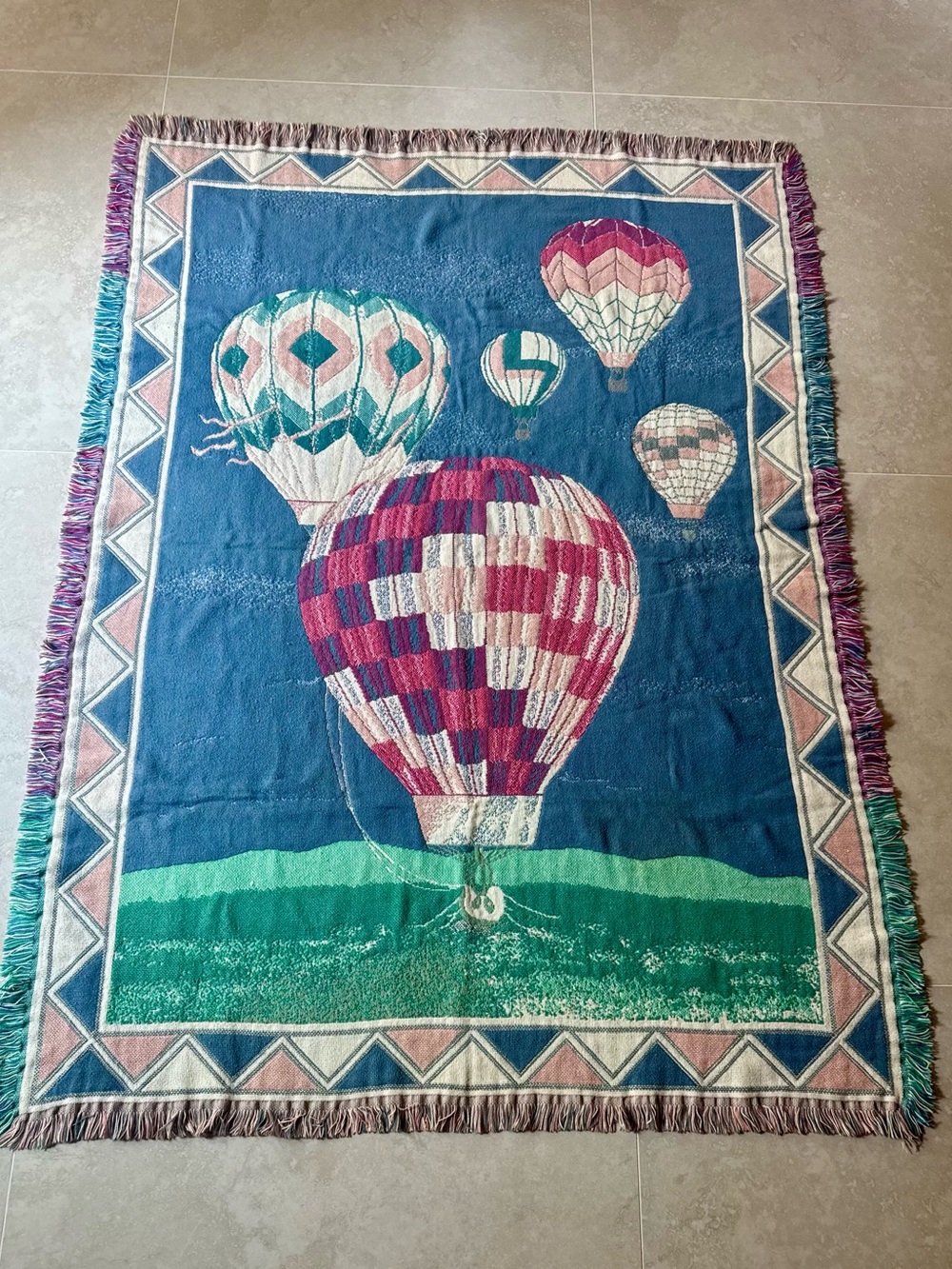 Vintage Goodwin Weavers Hot Air Balloon Woven Tapestry Throw Blanket